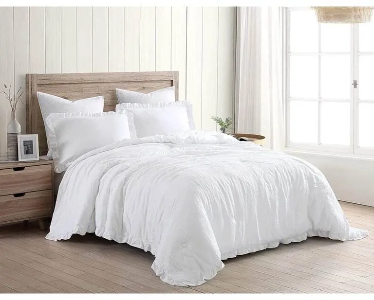 Full Size White Stone Washed Ruffled Edge Microfiber Comforter Set Photo 1