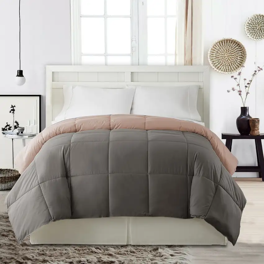 Genoa King Size Box Quilted Reversible Comforter The Urban Port, Gray and Pink Photo 6