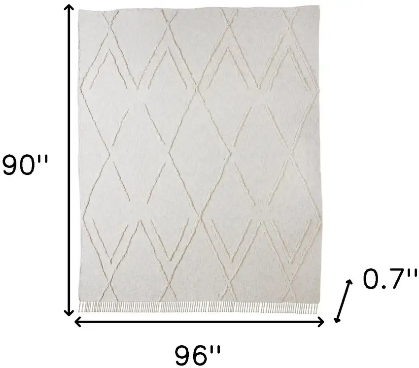 Ivory Geometric King Cotton Coverlet With Fringe Photo 7