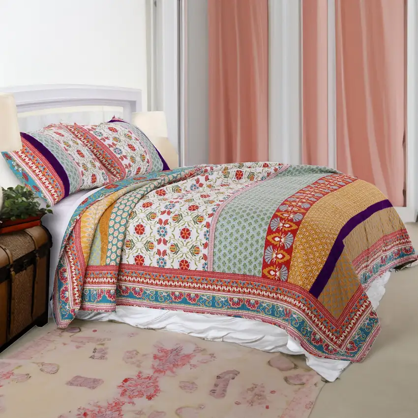 Geometric and Floral Print King Size Quilt Set with 2 Shams, Multicolor Photo 6