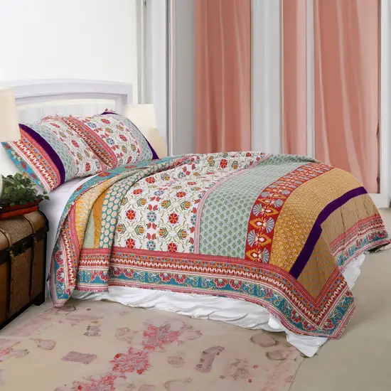 Geometric and Floral Print King Size Quilt Set with 2 Shams, Multicolor Photo 7