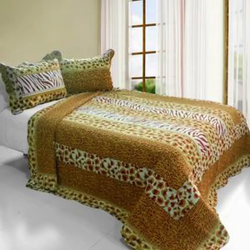 Golden Time -  Cotton 3PC Vermicelli-Quilted Printed Quilt Set (Full/Queen Size) Photo 2