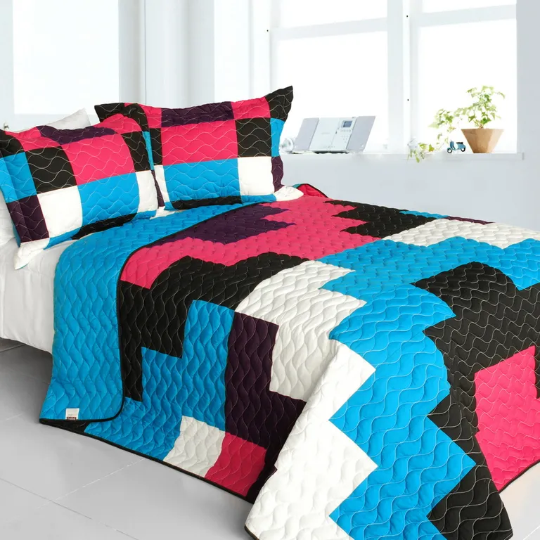 Gonna Lie - Vermicelli-Quilted Patchwork Geometric Quilt Set Full/Queen Photo 1