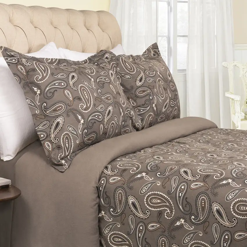 Gray Ivory And Brown King Cotton Washable Duvet Cover Set With Two Shams Photo 4