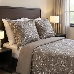 Photo of Gray Ivory And Brown King Cotton Washable Duvet Cover Set With Two Shams