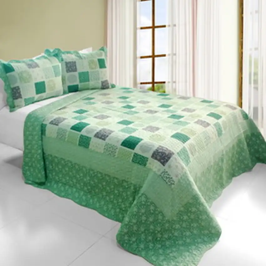 Green Fields -  Cotton 3PC Vermicelli-Quilted Printed Quilt Set (Full/Queen Size) Photo 2
