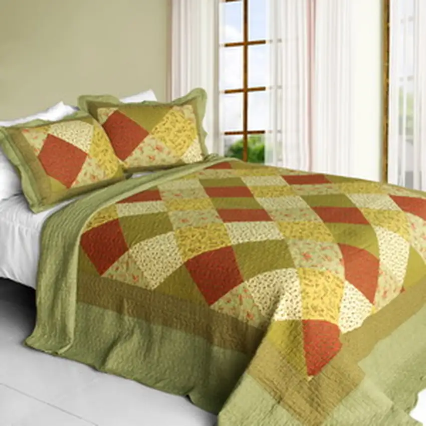 Green Fields -  Cotton 3PC Vermicelli-Quilted Striped Printed Quilt Set (Full/Queen Size) Photo 2
