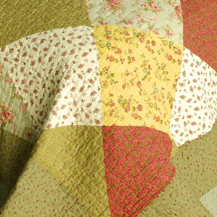 Green Fields -  Cotton 3PC Vermicelli-Quilted Striped Printed Quilt Set (Full/Queen Size) Photo 5