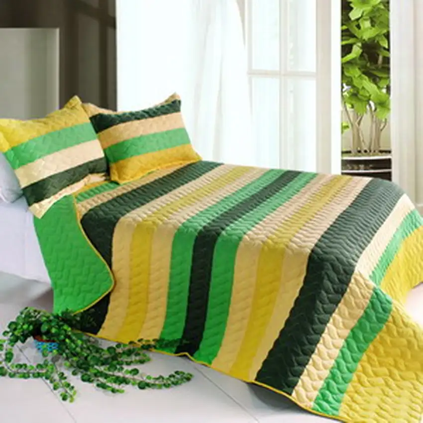 Green World -  3PC Vermicelli-Quilted Striped Quilt Set (Full/Queen Size) Photo 2