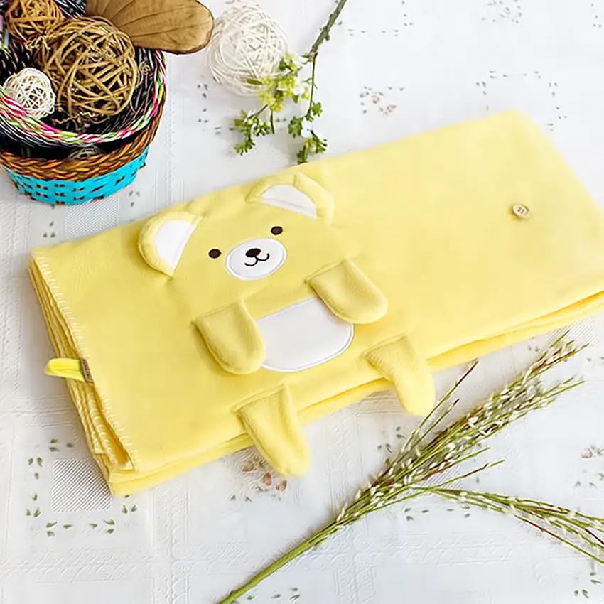 Happy Bear - Yellow -  Embroidered Applique Coral Fleece Baby Throw Blanket (42.5 by 59.1 inches) Photo 3