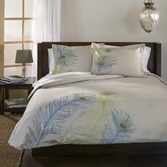 Ivory Blue And Green Queen Cotton Washable Duvet Cover Set With Two Shams Photo 4