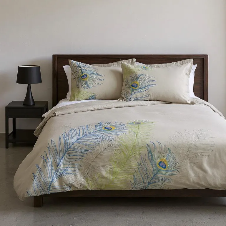 Ivory Blue And Green Queen Cotton Washable Duvet Cover Set With Two Shams Photo 2