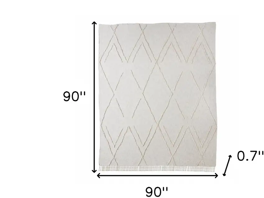 Ivory Geometric Queen Cotton Coverlet With Fringe Photo 8