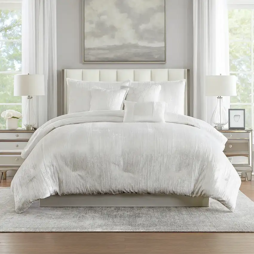 Jay 7 Piece Queen Comforter Set, White Polyester Velvet Deluxe Texture Photo 7