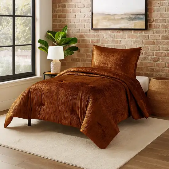 Jay 2 Piece Twin Comforter Set, Copper Polyester Velvet Deluxe Texture Photo 7