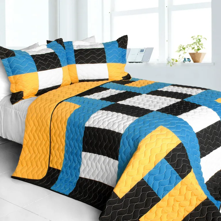 Jessie J - Vermicelli-Quilted Patchwork Geometric Quilt Set Full/Queen Photo 1