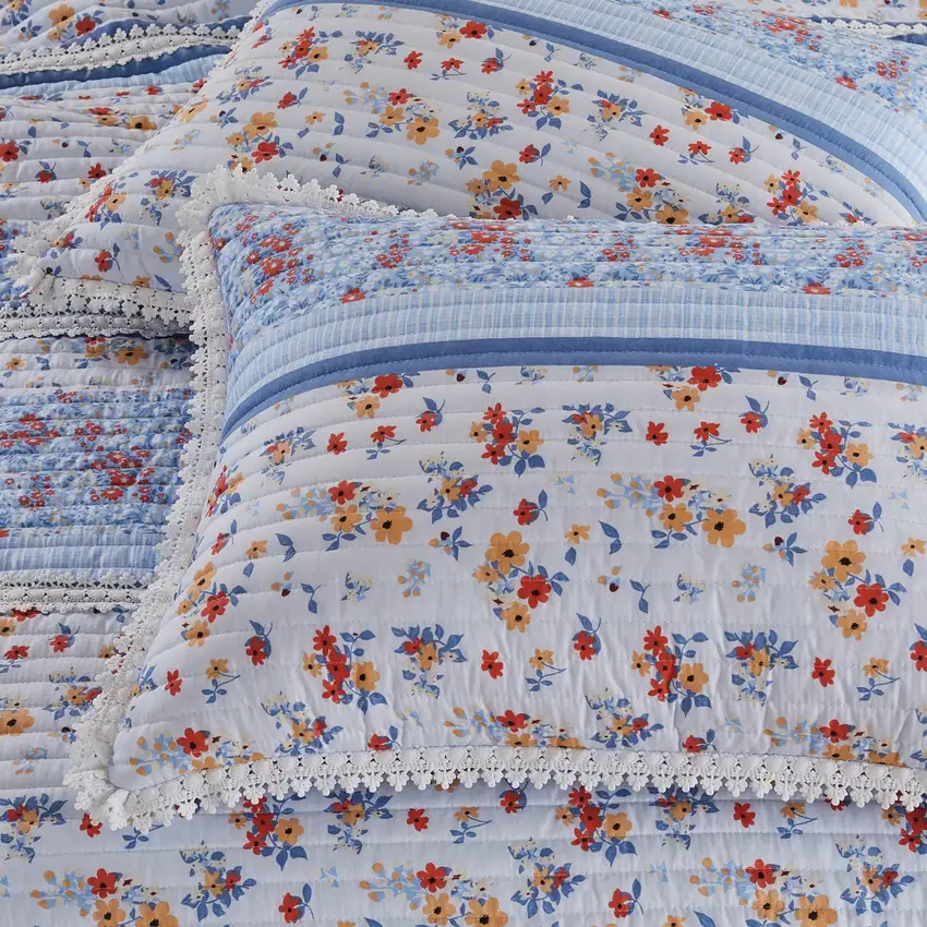 Joa 3 Piece Microfiber King Quilt Set, Floral Print, Lace Trim Photo 3
