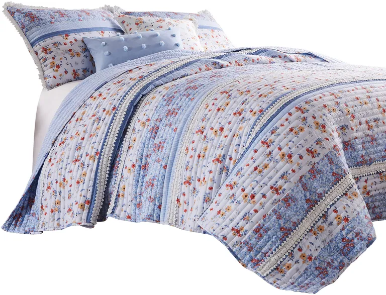 Joa 3 Piece Microfiber King Quilt Set, Floral Print, Lace Trim Photo 2