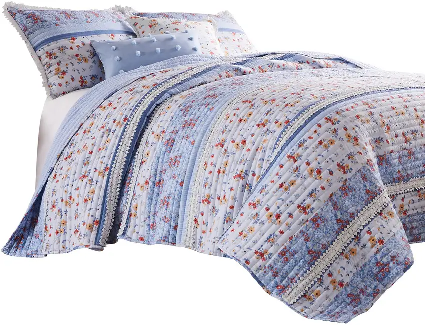 Joa 3 Piece Microfiber King Quilt Set, Floral Print, Lace Trim Photo 2
