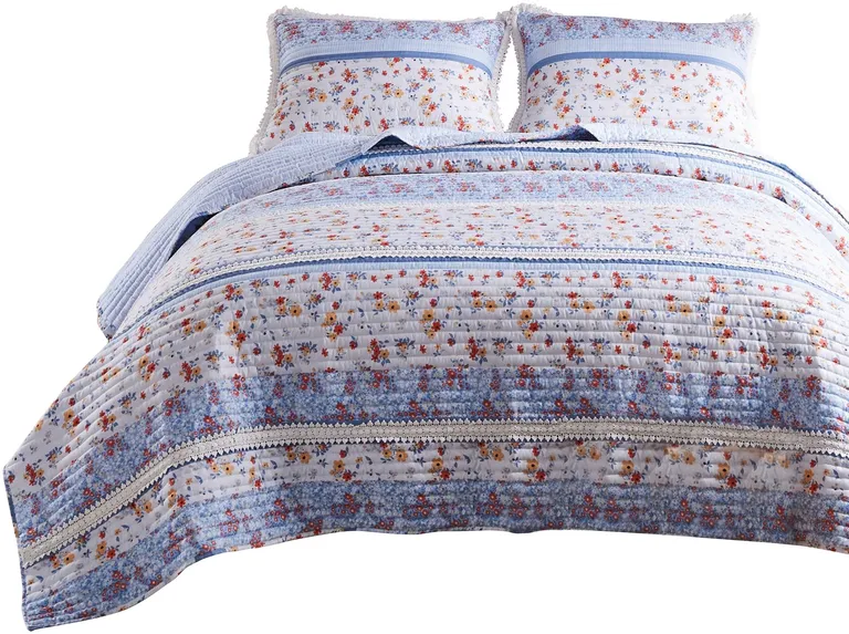 Joa 3 Piece Microfiber Queen Quilt Set, Floral Print, Lace Trim Photo 1