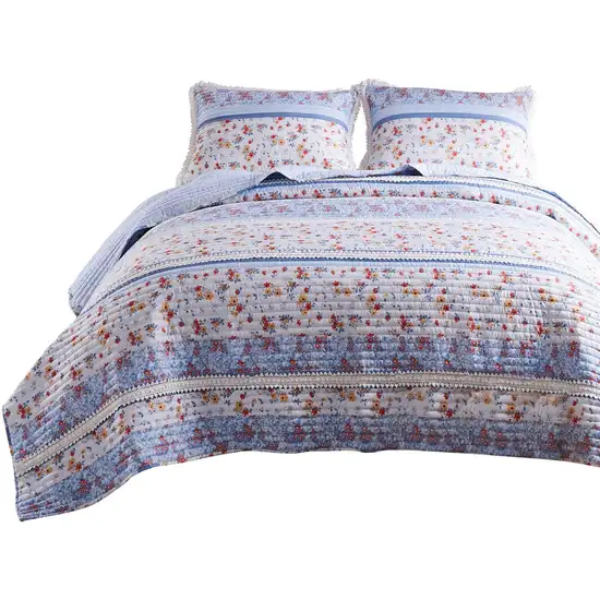 Joa 3 Piece Microfiber Queen Quilt Set, Floral Print, Lace Trim Photo 1