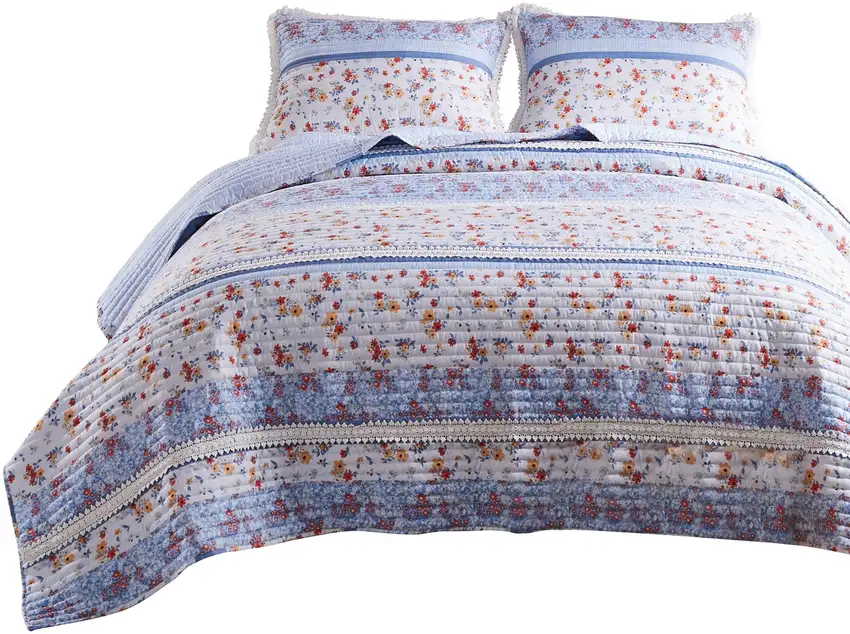 Joa 3 Piece Microfiber Queen Quilt Set, Floral Print, Lace Trim Photo 1