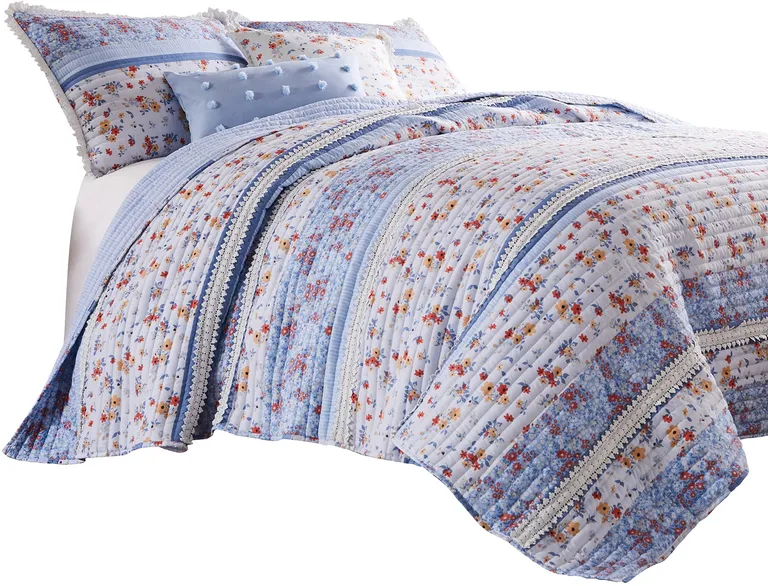 Joa 3 Piece Microfiber Queen Quilt Set, Floral Print, Lace Trim Photo 2