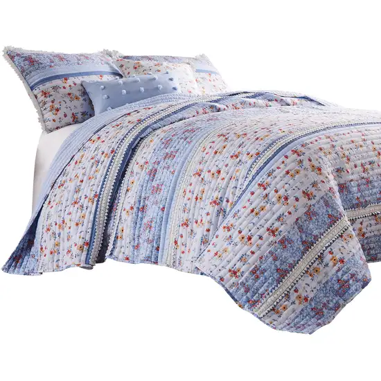 Joa 3 Piece Microfiber Queen Quilt Set, Floral Print, Lace Trim Photo 2
