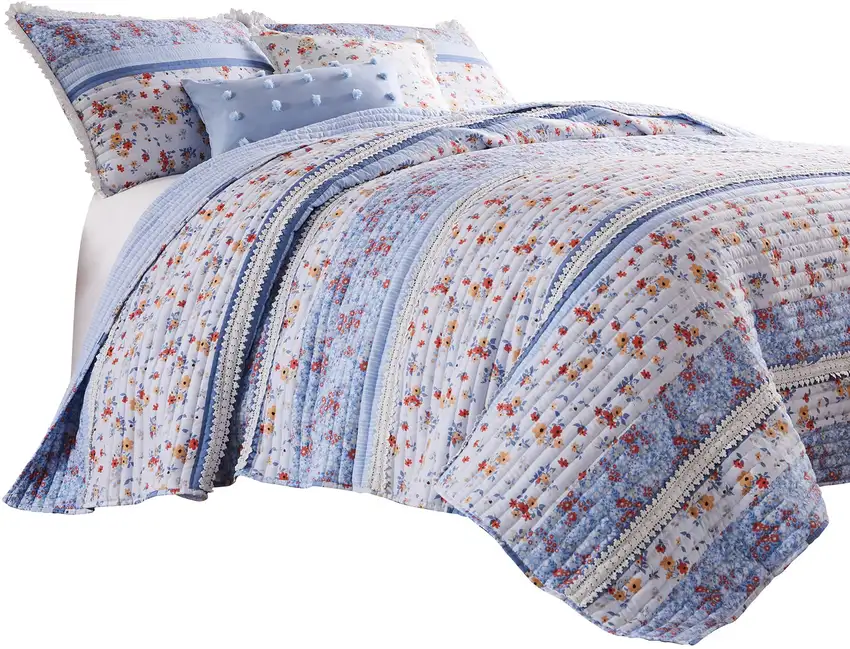 Joa 3 Piece Microfiber Queen Quilt Set, Floral Print, Lace Trim Photo 2