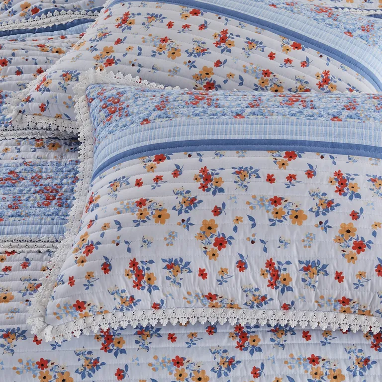 Joa 3 Piece Microfiber Queen Quilt Set, Floral Print, Lace Trim Photo 3