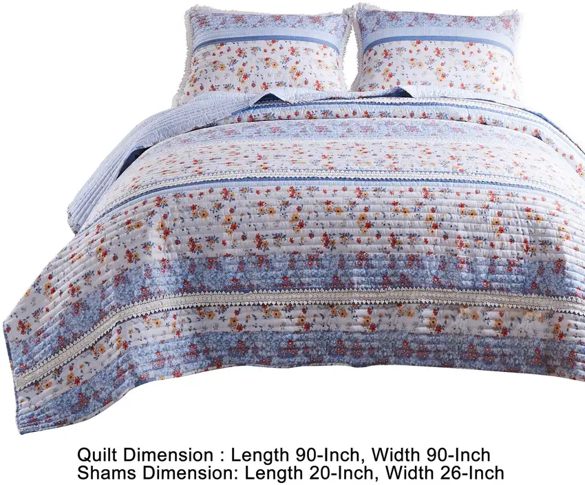 Joa 3 Piece Microfiber Queen Quilt Set, Floral Print, Lace Trim Photo 5