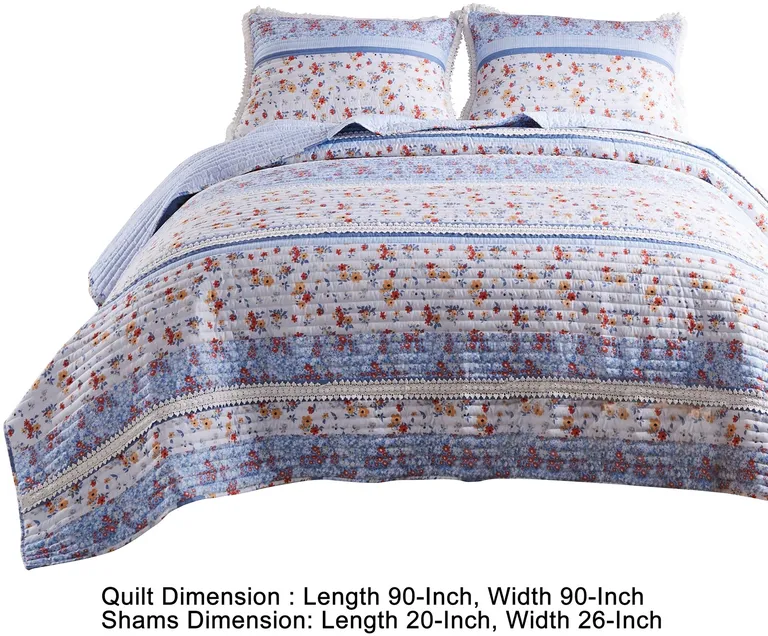 Joa 3 Piece Microfiber Queen Quilt Set, Floral Print, Lace Trim Photo 5