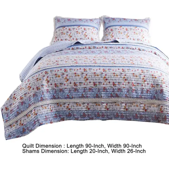 Joa 3 Piece Microfiber Queen Quilt Set, Floral Print, Lace Trim Photo 5