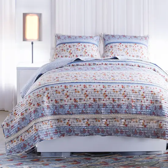 Joa 2 Piece Microfiber Twin Quilt Set, Floral Print, Lace Trim, Multicolor Photo 7