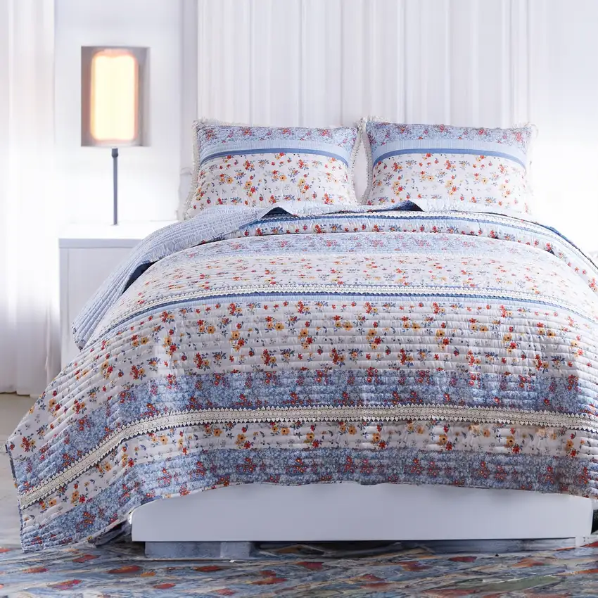 Joa 2 Piece Microfiber Twin Quilt Set, Floral Print, Lace Trim, Multicolor Photo 7