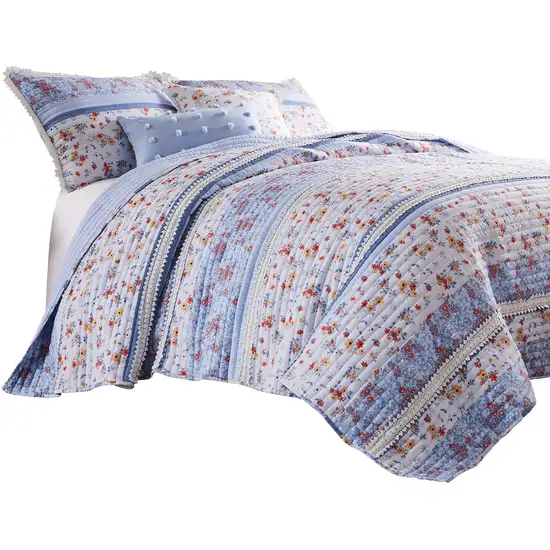 Joa 2 Piece Microfiber Twin Quilt Set, Floral Print, Lace Trim Photo 2