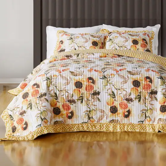Kelsa 2 Piece Twin Quilt Set with Pillow Sham, Cotton, Ruffled Border, Gold Photo 6