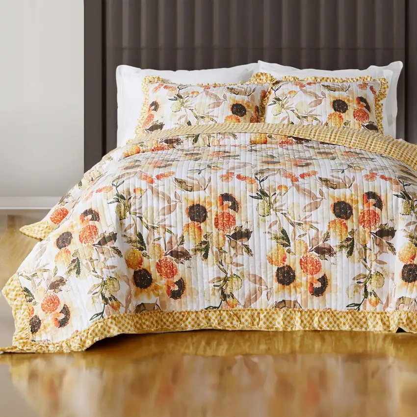 Kelsa 2 Piece Twin Quilt Set with Pillow Sham, Cotton, Ruffled Border, Gold Photo 6