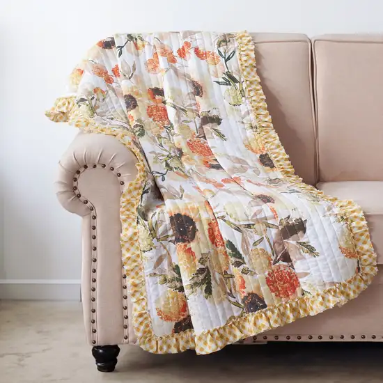 Kelsa 50 x 60 Channel Quilted Throw Blanket, Cotton Fill, Gold Sunflowers Photo 6