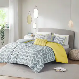 Photo of King / Cal King Reversible Comforter Set in Grey White Yellow Chevron Stripe