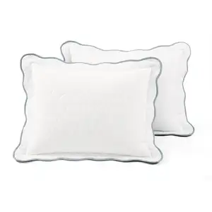 Photo of King/Cal King White Blue Scalloped Edge Reversible Thin Light Quilt Set