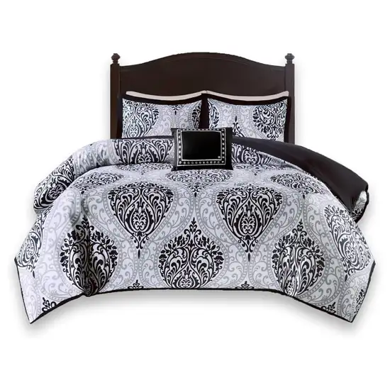 King/California King 4-Piece Black White Damask Comforter Set with Accent Pillow Photo 1