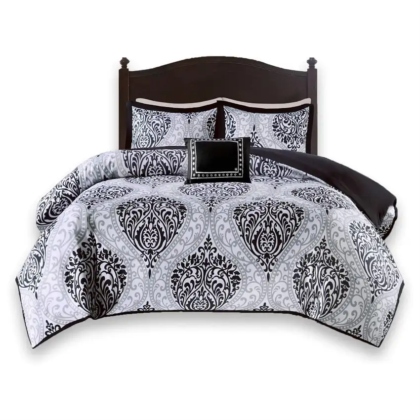 King/California King 4-Piece Black White Damask Comforter Set with Accent Pillow Photo 1