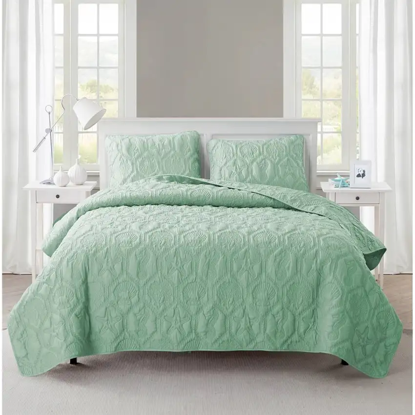 King Coastal Beach Starfish Seashell Seahorse Light Green Teal Quilt Set Photo 1
