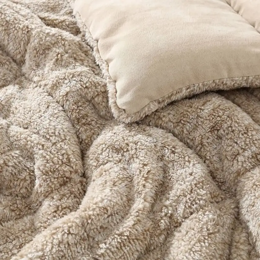 King Plush Sherpa Reversible Micro Suede Comforter Set in Beige Photo 4