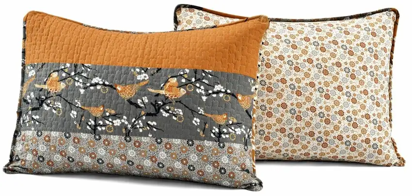 King Size Orange Grey Floral Birds Reversible 3 Piece Quilt Set Photo 5