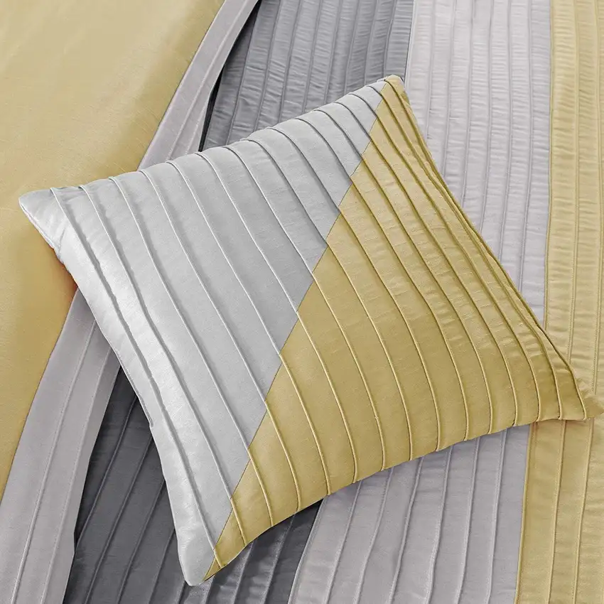King Size 7 Piece Bed In A Bag Comforter Set Faux Silk Yellow Gray Stripes Photo 4