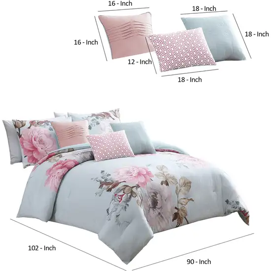 King Size 7 Piece Fabric Comforter Set with Floral Prints, Multicolor Photo 6