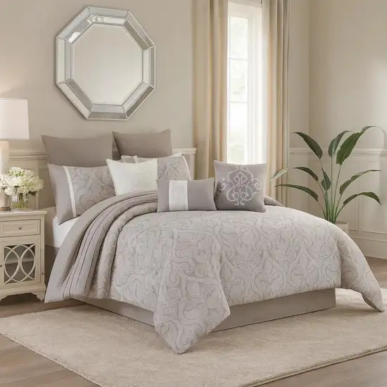 King Size 10 Piece Fabric Comforter Set with Medallion Prints, White Photo 7
