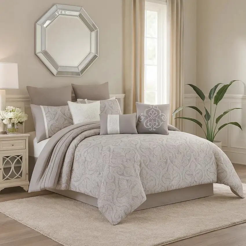 King Size 10 Piece Fabric Comforter Set with Medallion Prints, White Photo 7